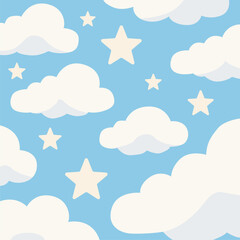 Flat Vector Sky Scene with Stars and Clouds Minimal Illustration