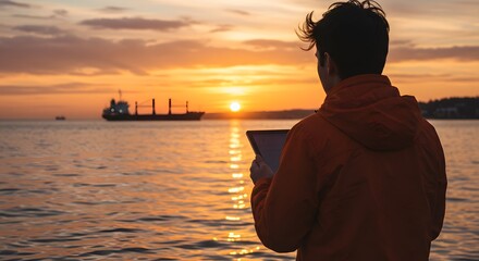 Person with tablet gazes at serene sunset over ocean, silhouette of ship, and a vibrant sky