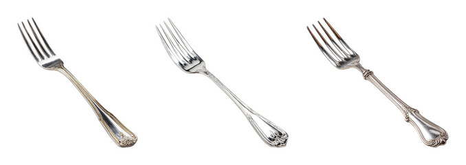 Fototapeta premium Elegant antique silver forks with intricate detailing, studio shot with dramatic lighting and minimalist composition, ideal for culinary, hospitality, and vintage design projects, PNG set with tran...