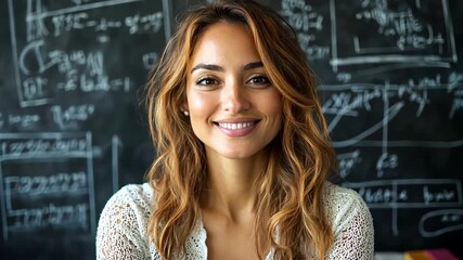 Smiling teacher in front of chalkboard with equations, warm and inviting. - Powered by Adobe