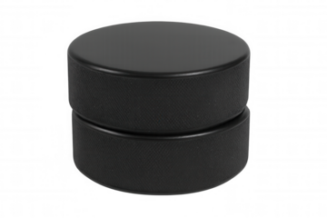 Black ice hockey puck, equipment for playing winter sport game, rubber cylinder on transparent background