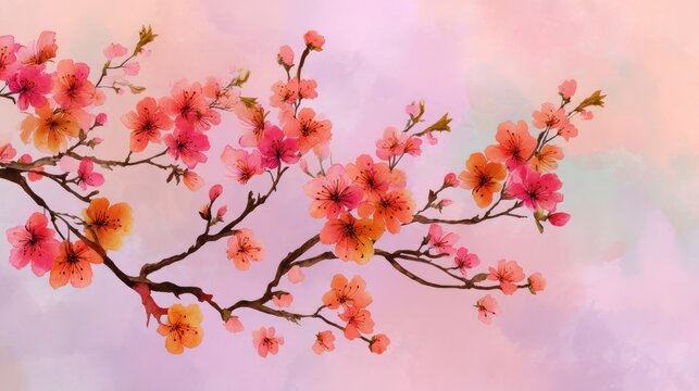 A branch of cherry blossoms with pink and orange flowers against a soft, pastel background.
