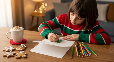 A young child in a festive sweater draws a Christmas card with colored pencils, accompanied by gingerbread cookies and a mug of hot chocolate.