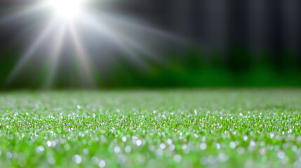 Naklejka premium A close-up shot of dew-covered grass blades glistening under sunlight, showcasing the beauty of nature and fresh mornings.