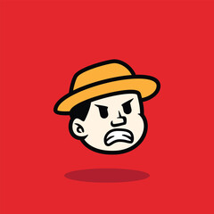 Cartoon face of a surprised boy wearing a yellow hat and open mouth expression. Bold flat vector illustration on red background. Perfect for mascot, emoji, or comic character design