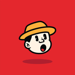 Cartoon face of a surprised boy wearing a yellow hat and open mouth expression. Bold flat vector illustration on red background. Perfect for mascot, emoji, or comic character design