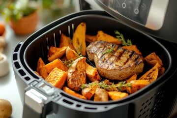 Air Fryer with Tofu Steak and Sweet Potato Wedges