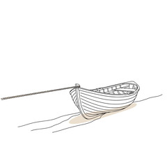 Vector art of a handdrawn sketch of a small wooden rowboat resting on a sandy shore, with a rope extending from its bow