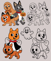 Doodle Set Cute Halloween Dogs with Pumpkin and Ghost Vector Costume Illustration for Kids