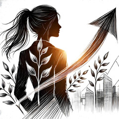 Silhouette of a person with an arrow symbolizing growth and success in a sketch style on a white background