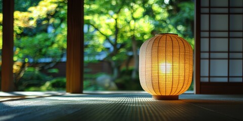A traditional Japanese lantern with a warm glow, placed on a wooden table in a serene garden setting.