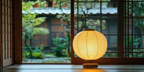 A traditional Japanese lantern illuminates a serene garden scene through a sliding glass door, casting a warm glow on the wooden floor and the wooden slats of the sliding door.