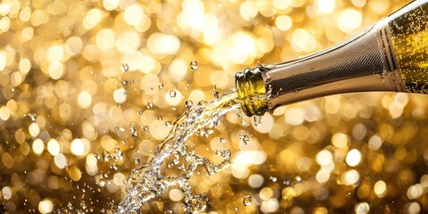 A champagne bottle pouring champagne against a golden background with bokeh effect.