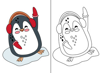 Cute Winter Penguin colored and coloring book versions. Perfect for kids’ activities, holiday printables, educational materials, and festive designs. Editable stroke