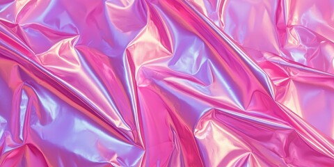 A crumpled, iridescent pink plastic sheet with a holographic texture, draped over a surface with a gradient of pink and purple hues.