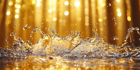 Water splashing against a golden background with a spotlight effect, creating a dynamic and vibrant scene.