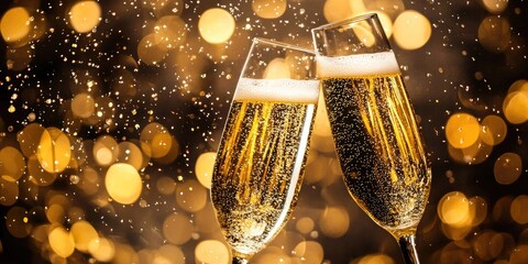 Two champagne glasses filled with champagne, standing on a black background with golden bokeh lights, creating a festive and celebratory atmosphere.