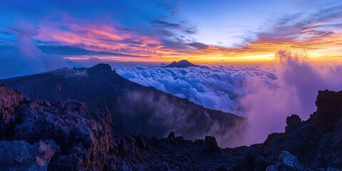 A breathtaking sunset over a mountain range with clouds and fog, featuring vibrant colors and a dramatic sky.