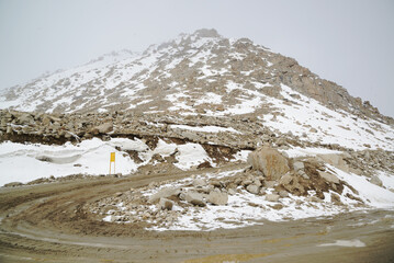 Changla Pass, one of the highest motorable roads in the world, at 5,275 meters above sea level, travels between Leh Ladakh and Pangong Lake. Located at Leh in India.