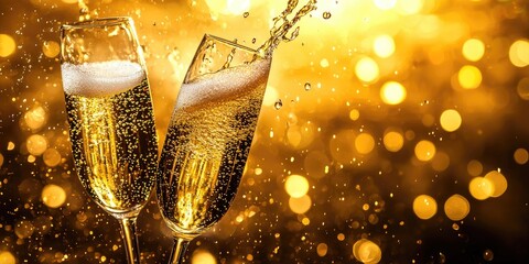 Two champagne glasses filled with champagne, one with a splash of champagne, against a golden background with bokeh effects.