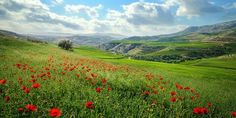 A vibrant green meadow with red poppies, a lone tree, and distant mountains under a cloudy sky