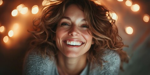 A woman with curly hair, wearing a gray sweater, smiling and lying on a bed with fairy lights in the background.