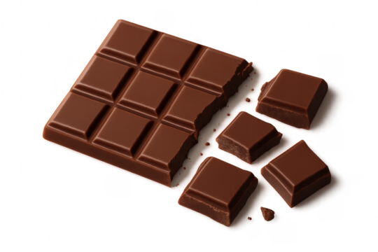 Chocolate bar breaking into pieces, transparent background