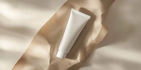 A white tube of cream or lotion on a crumpled beige paper background with soft shadows and light reflections.