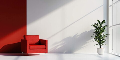 A minimalist interior with a red and white color scheme, featuring a red armchair and a potted plant against a white wall.