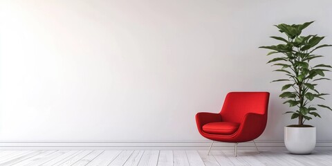A minimalist white room with a red armchair and a potted plant, featuring a clean and modern design.