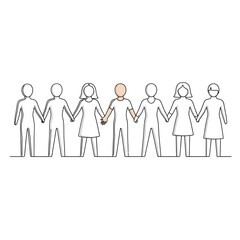 Vector art of a line of diverse stick figures holding hands, with one figure highlighted in a different color, symbolizing unity, individuality, and inclusion