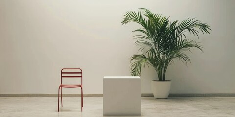 A minimalist room with a white wall, a red chair, and a potted plant in a white pot.