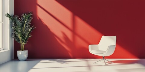 A minimalist interior with a red wall, a white armchair, and a potted plant in a modern setting.
