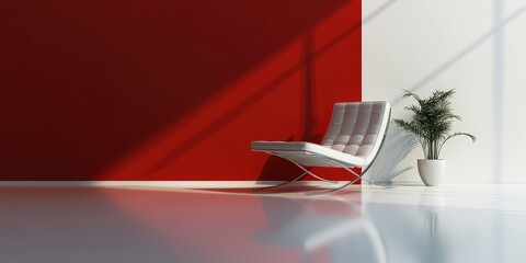 A minimalist white room with a red wall, a white chair, and a potted plant on a white floor.