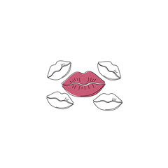 Vector art of a central pink lipstick kiss surrounded by four outline drawings of lips, representing romance, love, and beauty