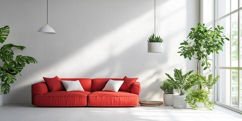 A minimalist living room with a red sofa, white walls, and potted plants, featuring a large window with natural light.