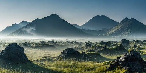 A misty landscape with green and rocky formations, under a clear sky with a few clouds.