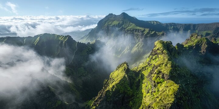 A breathtaking aerial view of a lush, green mountain range with jagged peaks and dense clouds, set against a clear blue sky. - Powered by Adobe