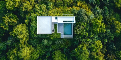 A modern, minimalist house nestled in a lush, green forest, with a rooftop pool and a small deck, surrounded by dense foliage and trees.