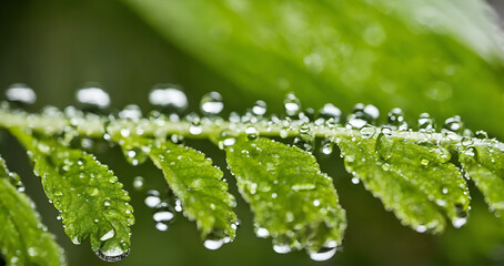 Fresh morning dew drops on bright green pinnate plant stem and leaves