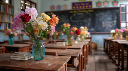 A vibrant bouquet of flowers on a vintage wooden desk in a rustic classroom, a heartfelt tribute for Ngày Nhà giáo Việt Nam, celebrating the cherished tradition of Vietnamese Teacher's Day in Vietnam