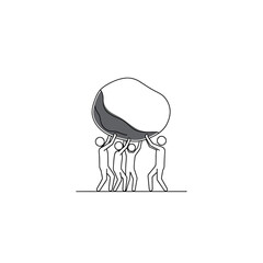 Vector art of a group of stick figures working together to lift a large, heavy boulder above their heads, symbolizing teamwork and effort