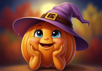 Cute halloween pumpkin character wearing a purple witch hat