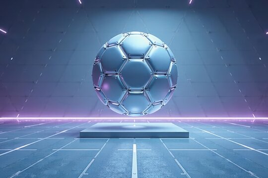 Futuristic metallic sphere on a platform in a modern setting with glowing lines