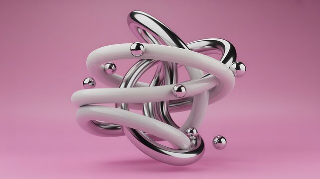 3D Abstract Intertwined Shapes with Metallic Spheres on a Pink Background Rendered Design for Modern Art and Design