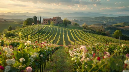 Naklejka premium Rustic_Italian_vineyard_in_spring_bloom_wildflow
