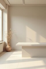 Fototapeta premium Serene Minimalist Interior Design Featuring a Simple White Table and Dried Floral Arrangement in a Light-Filled Room