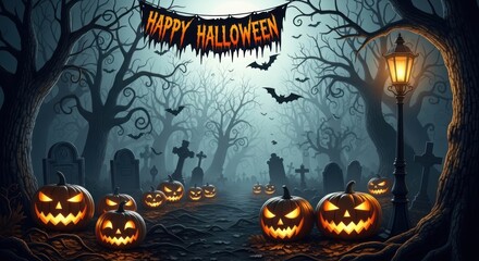 Spooky halloween scene with carved pumpkins and bats in a haunted forest