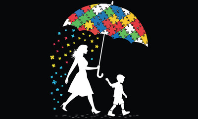 Autism Mom with Puzzle Umbrella | Autism Awareness Mother and Child Art