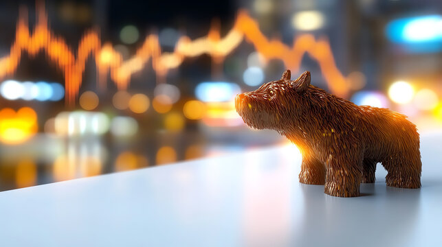 A decorative bear figurine symbolizes the bullish stock market against a backdrop of vibrant city lights and market trends.